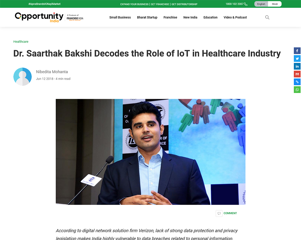 Dr. Saarthak Bakshi Decodes the Role of IoT in Healthcare Industry